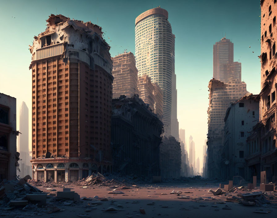 Desolate cityscape: crumbling buildings, debris-covered streets & abandoned skyscrapers.