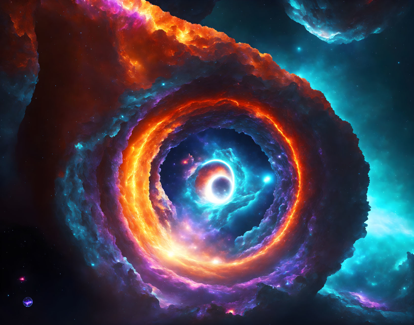 Colorful digital artwork: Swirling cosmic vortex in blue, orange, and purple.