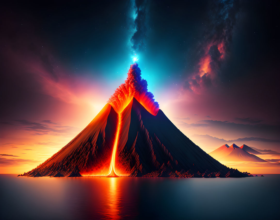 Erupting volcano at night with lava flowing into the sea