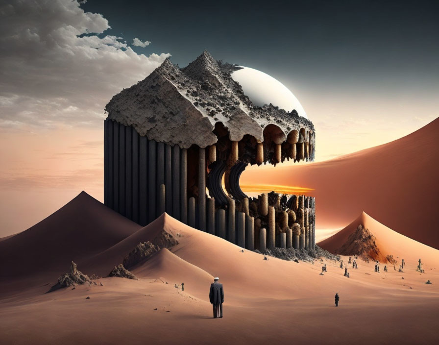 Surreal desert landscape with ancient Greek-style temple facade