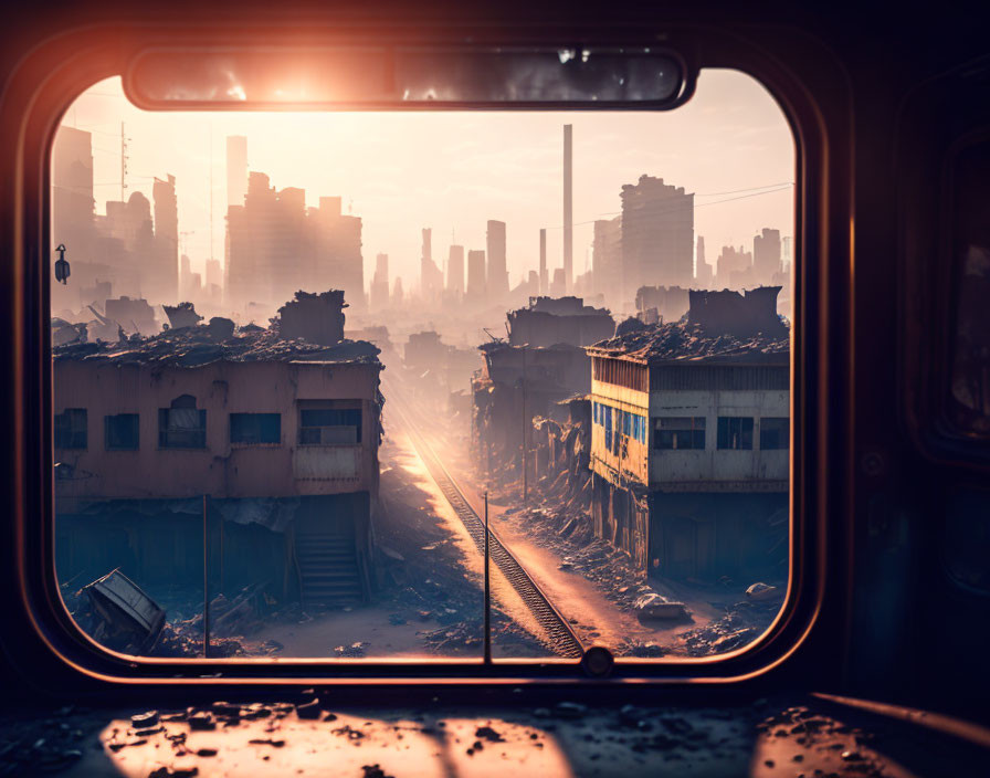 Dystopian cityscape at sunrise: train window view