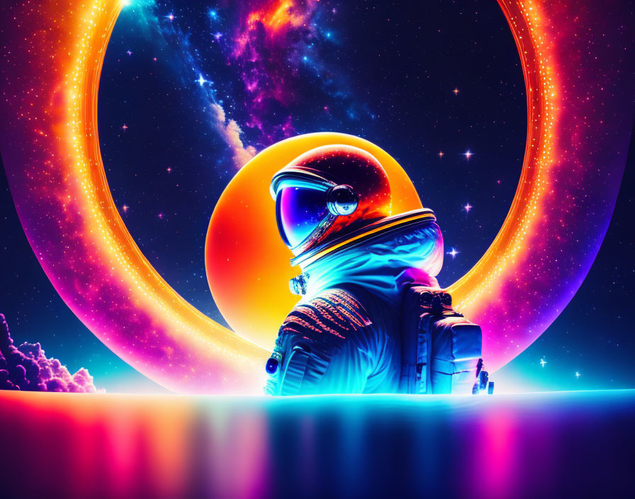 Astronaut in vibrant spacesuit views surreal cosmic landscape