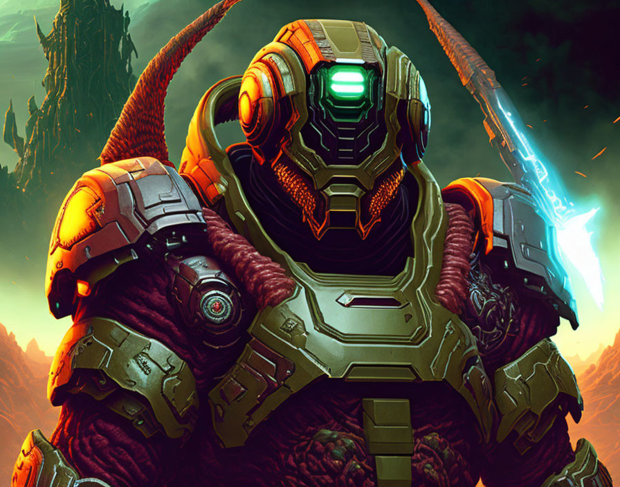 Armored soldier with glowing visor and weapon facing monstrous creatures in dystopian setting