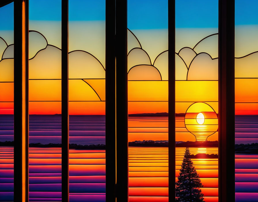 Vibrant sunset stained glass window with sun, clouds, and tree.