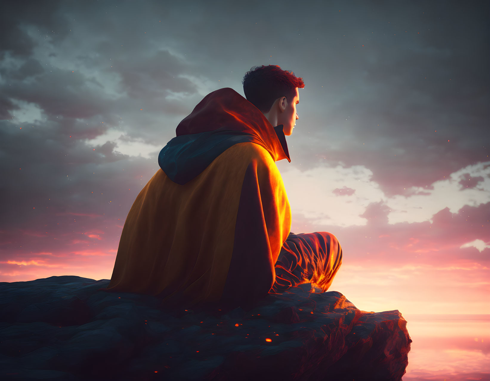 Person in Red and Gold Cloak Contemplating Sunset on Cliff