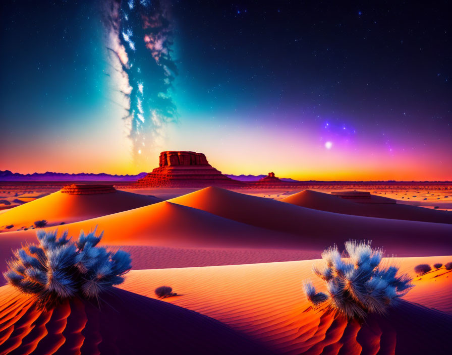 Colorful desert sunset with purple hues, silhouetted buttes, sand dunes, and