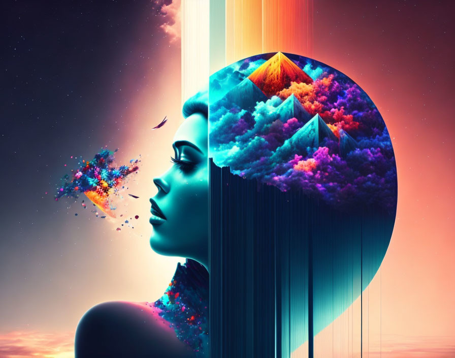 Surreal woman's profile with cosmic and nature elements merging