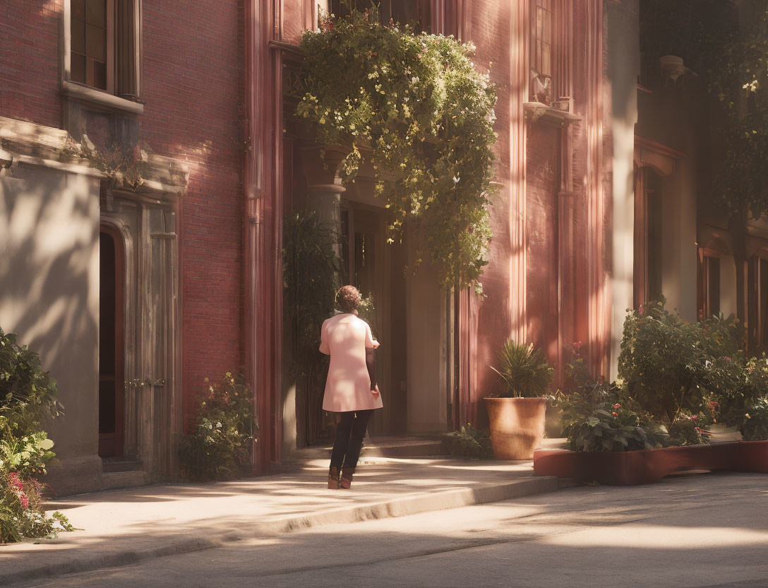 Person in Pink Coat Walking Towards Sunlit Red Brick Building