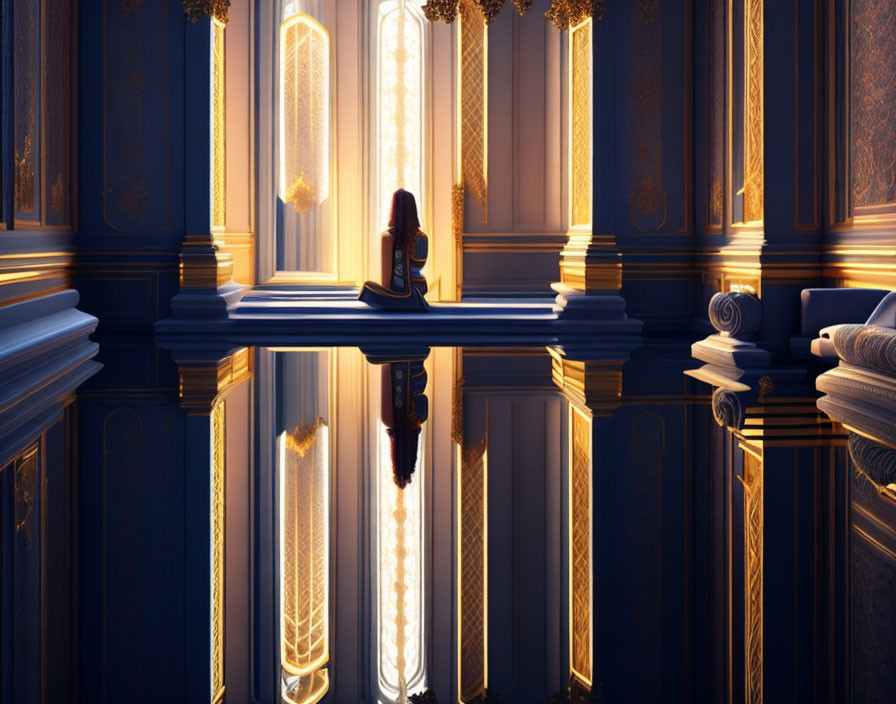 Symmetrical room with tall windows, golden curtains, and reflective floor