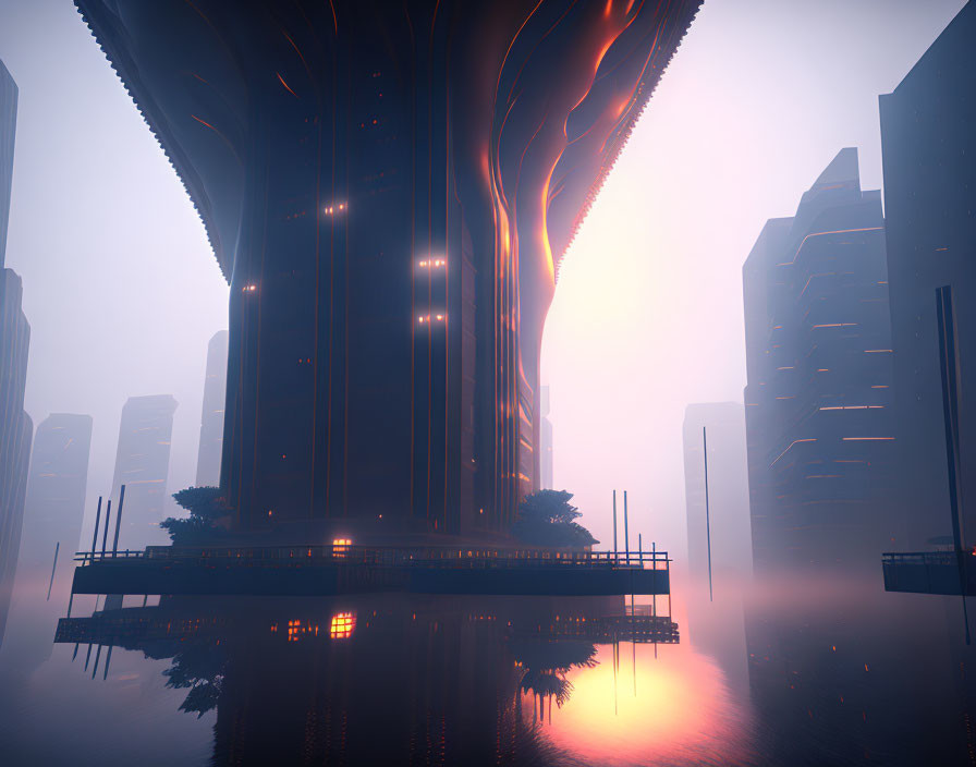 Futuristic cityscape in mist with illuminated central structure reflected in water