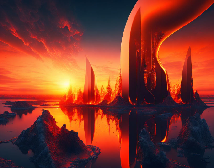 Fiery sunset landscape with surreal structures reflected on water