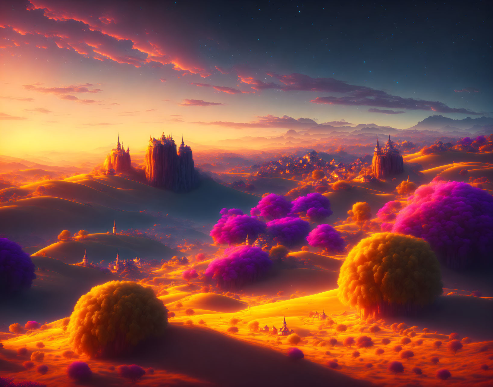 Colorful Sunset Fantasy Landscape with Castles and Starry Sky