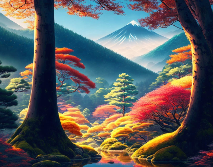 Autumn landscape with Mount Fuji, river, and vibrant trees