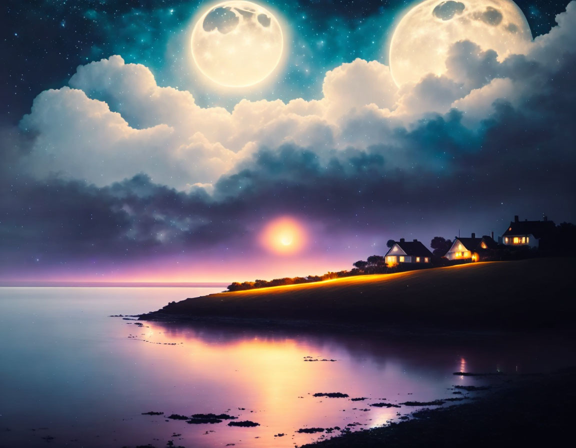 Dual full moons illuminate coastal village in serene nightscape