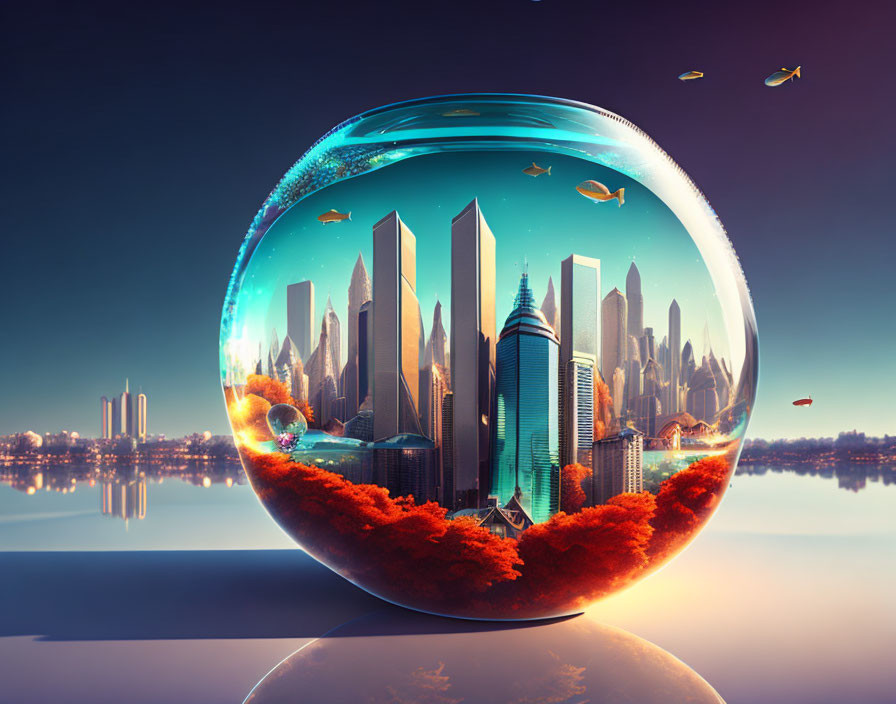 Surreal cityscape in fishbowl with fish, coral, and dusk sky