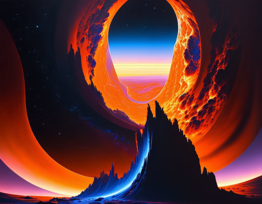 Fiery ringed planet in vibrant sci-fi landscape