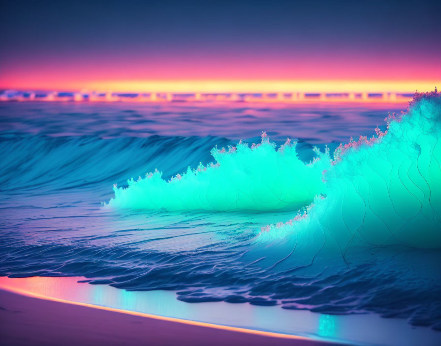 Vibrant neon-tinted beachscape with teal waves and pink-orange horizon