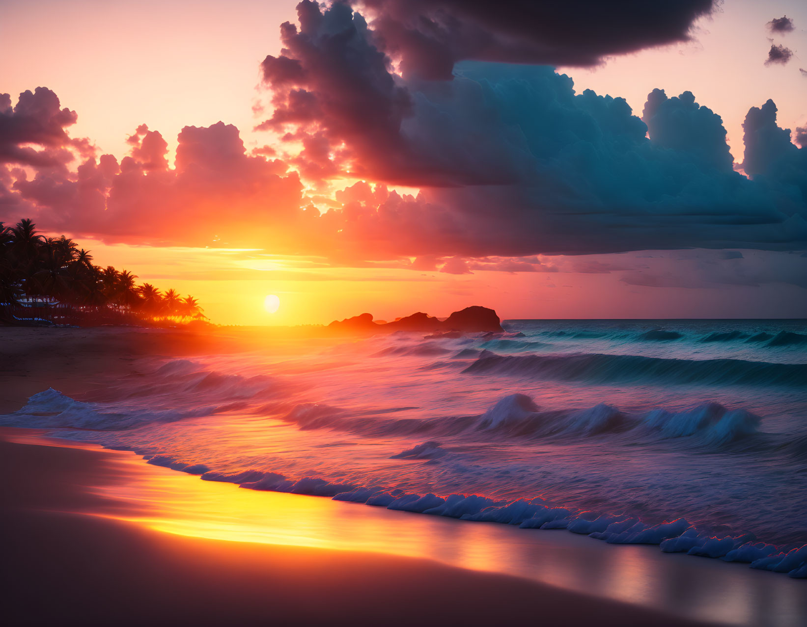 Scenic beach sunset with orange and blue hues, palm tree silhouettes, and dramatic clouds.