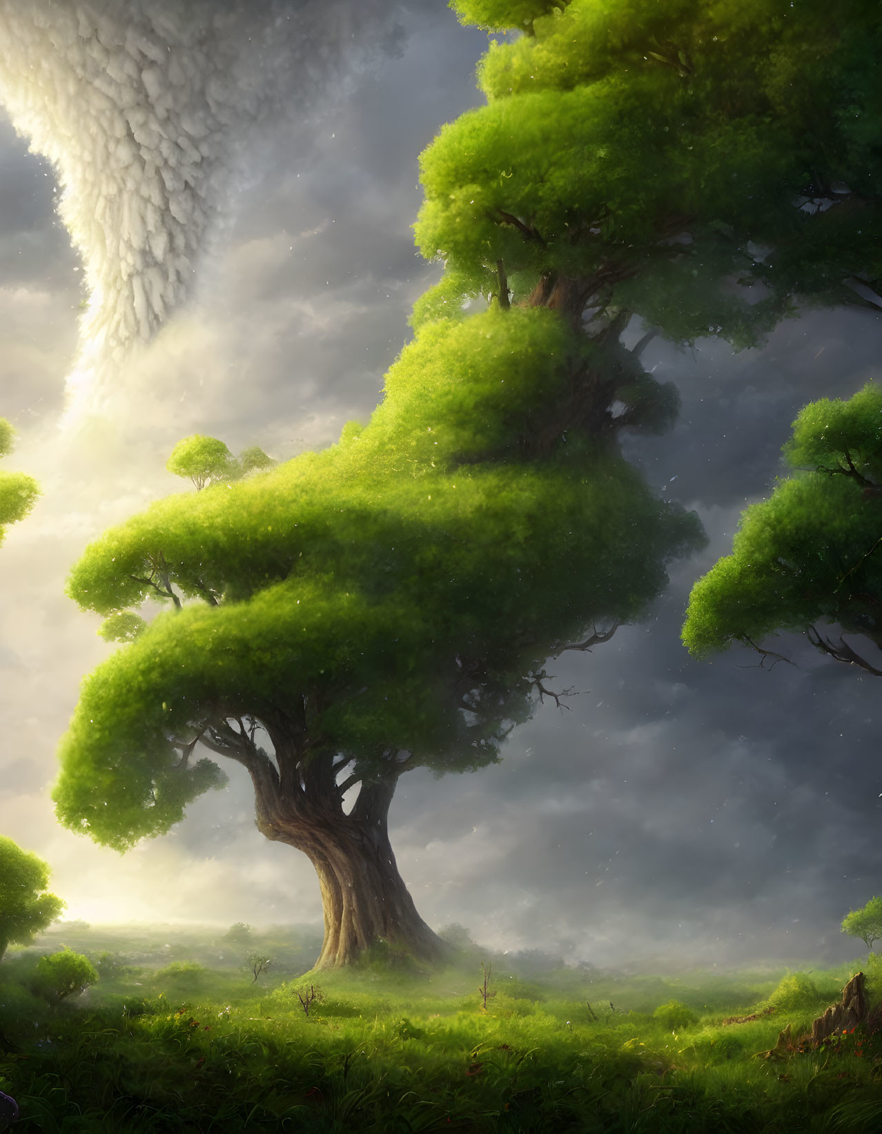 Fantastical tree with lush green foliage in misty landscape