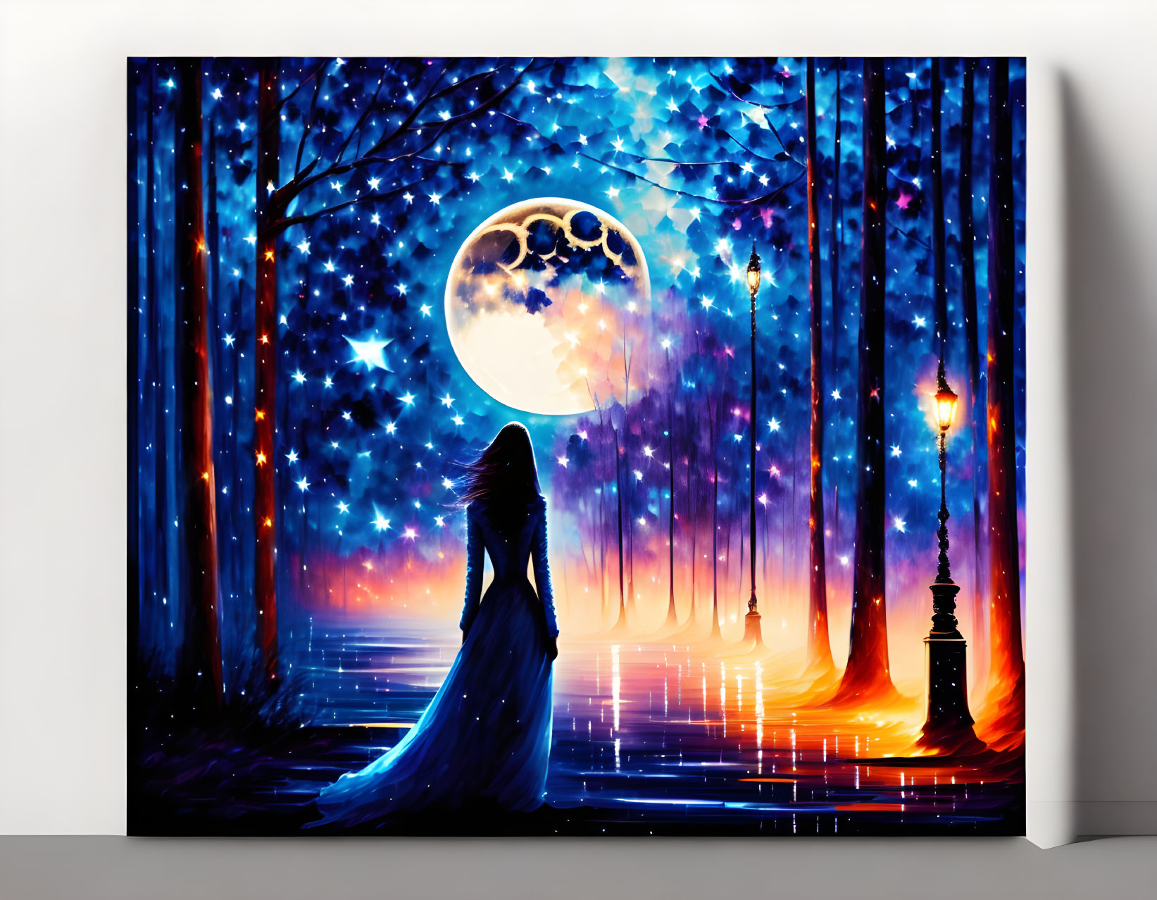 Fantasy scene canvas: Silhouetted figure under vibrant moon & starry sky