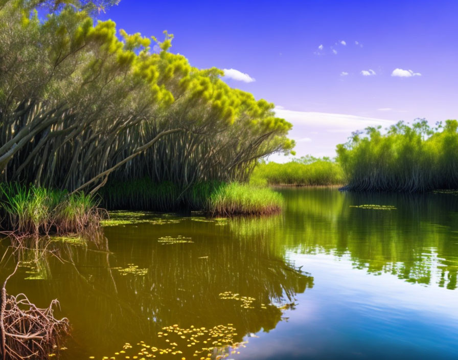 Serene River Scene with Greenery and Blue Skies