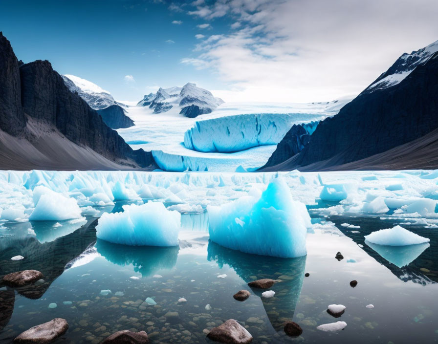 Tranquil glacial landscape with reflective water, icebergs, and snow-capped mountains