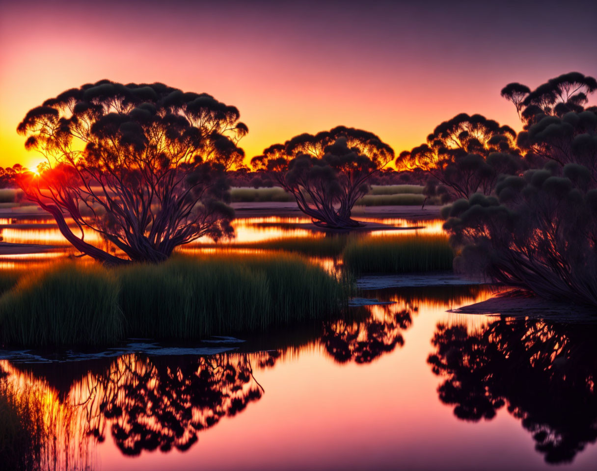 Tranquil lake sunset with tree silhouettes and reflections