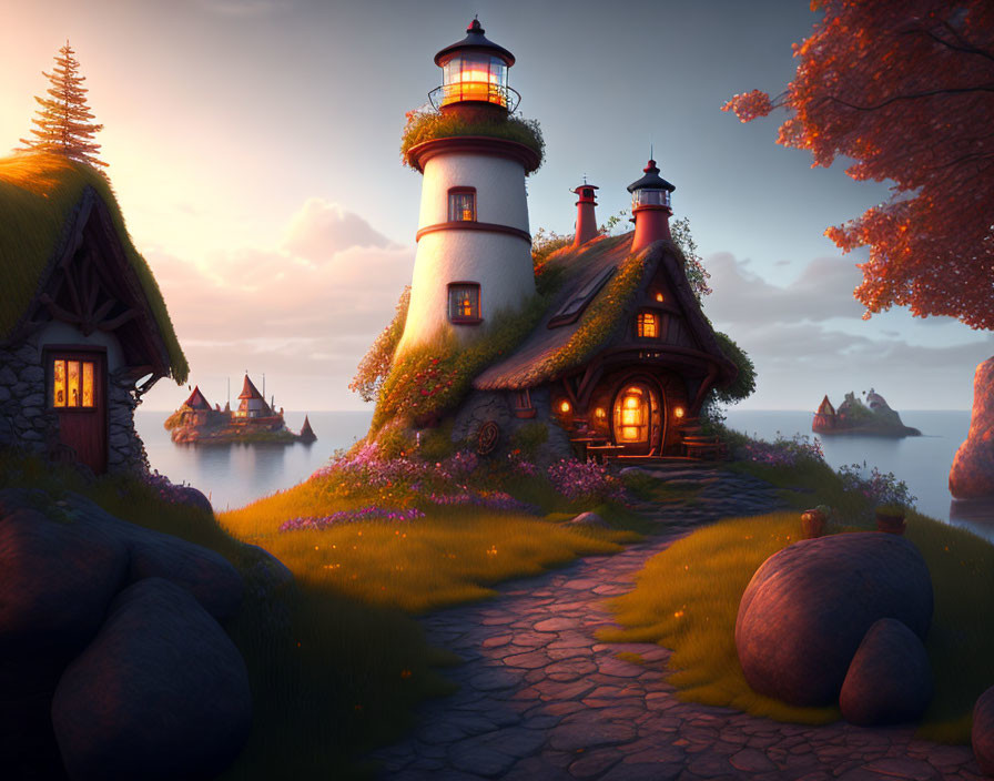 Lighthouse and Cottage in Fairy-Tale Setting at Sunset