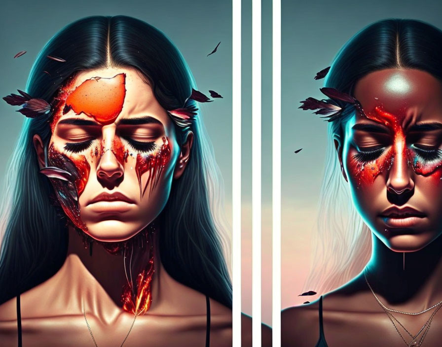 Split artwork of woman's head with cracked, glowing lava-like surface, floating pieces and scattered feathers.