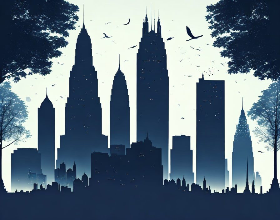 City skyline silhouette with skyscrapers and birds on twilight gradient background