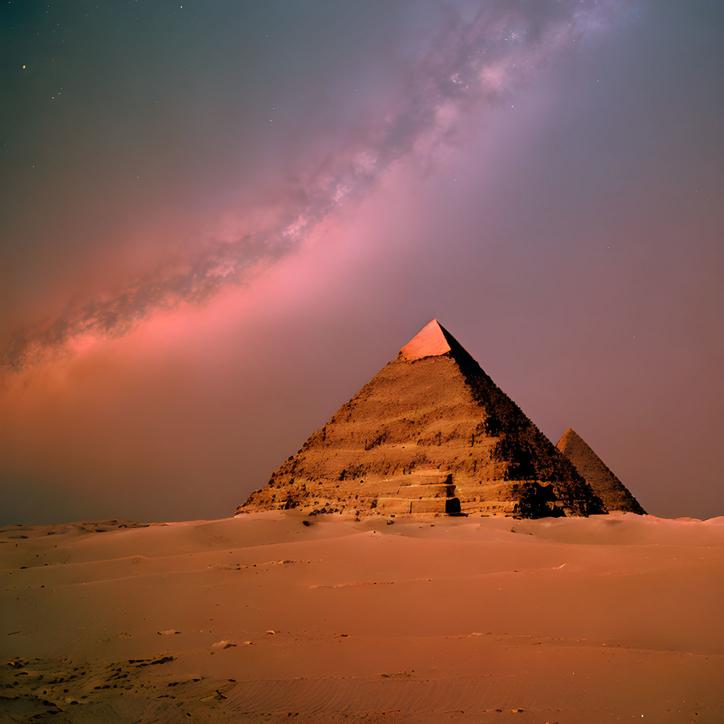 Majestic pyramid under night sky with Milky Way, warm glow, clouds, and stars.