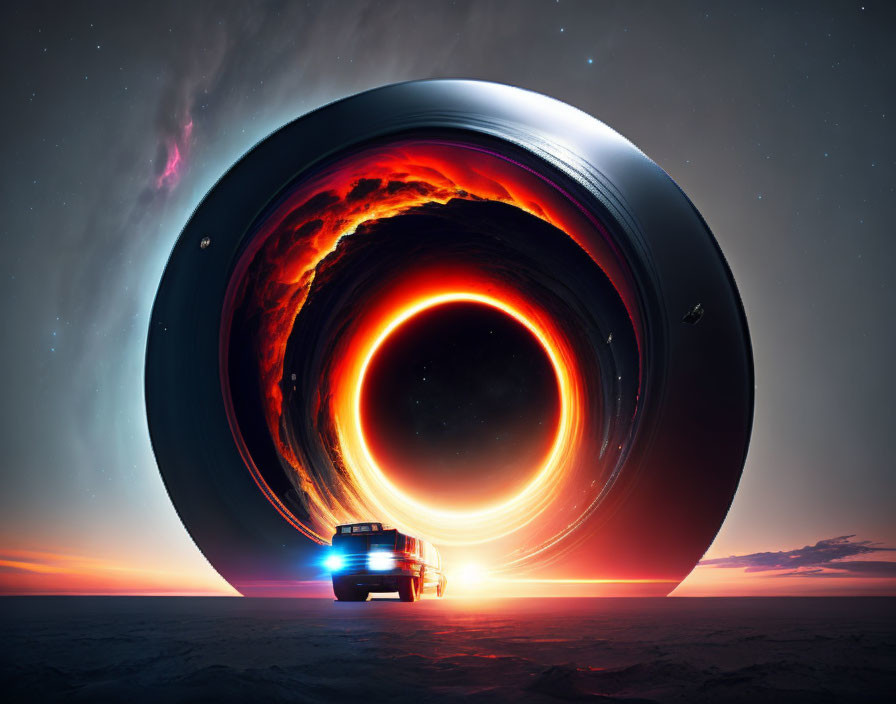 Parked car in front of surreal illuminated black hole at twilight