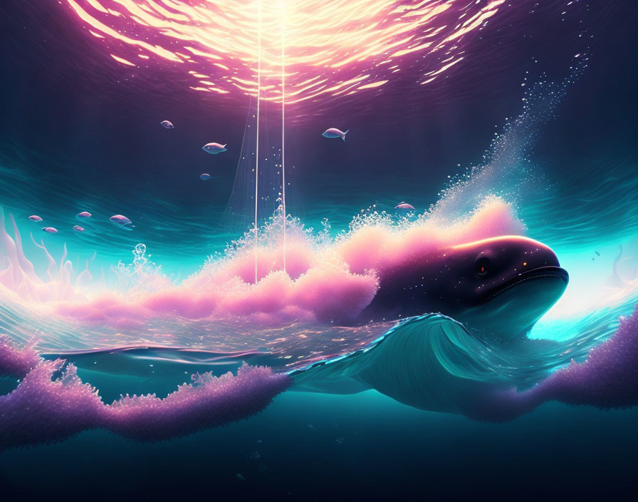 Underwater scene: majestic whale, pink coral, small fish, glowing light.