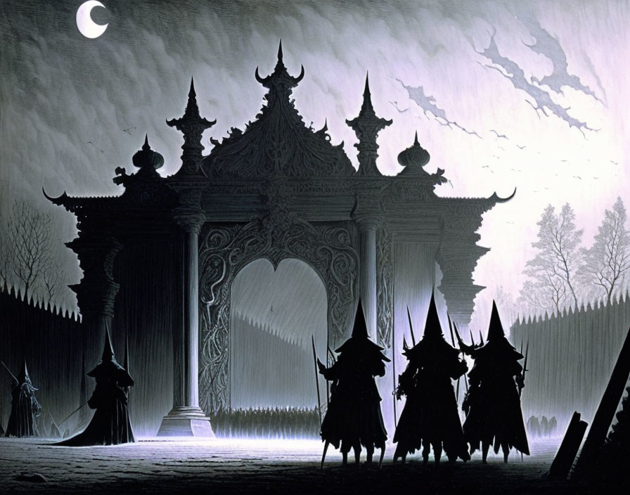 Moonlit archway with silhouetted figures on horseback in mystical forest