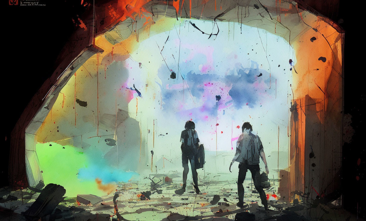 Figures in ruins with colorful burst and archway