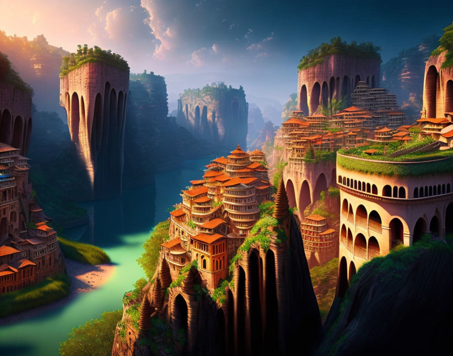 Majestic valley with cliffs, greenery, ancient buildings, and river bridges