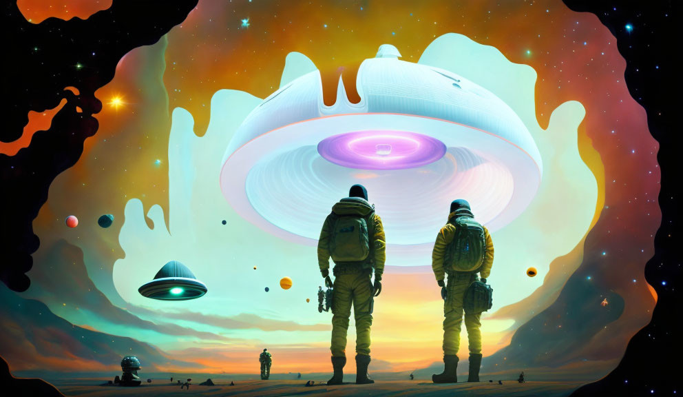 Astronauts view surreal landscape with floating planets, giant vortex, and UFOs