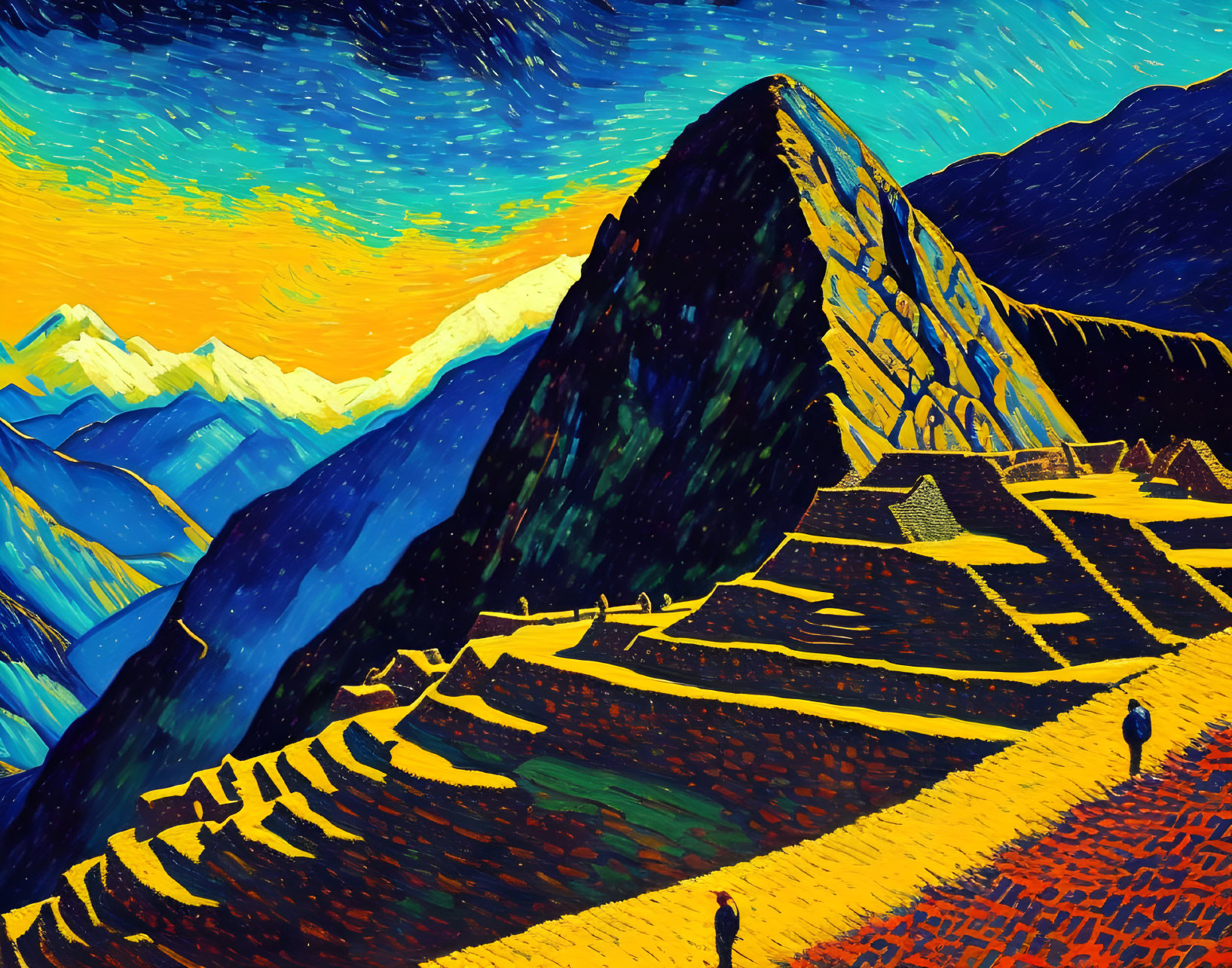 Mountainous landscape with starry sky and terraced slopes artwork.