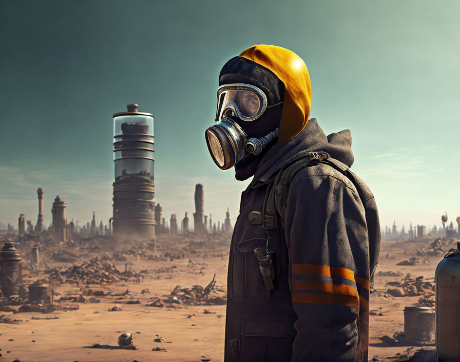 Figure in gas mask and protective gear in post-apocalyptic setting.