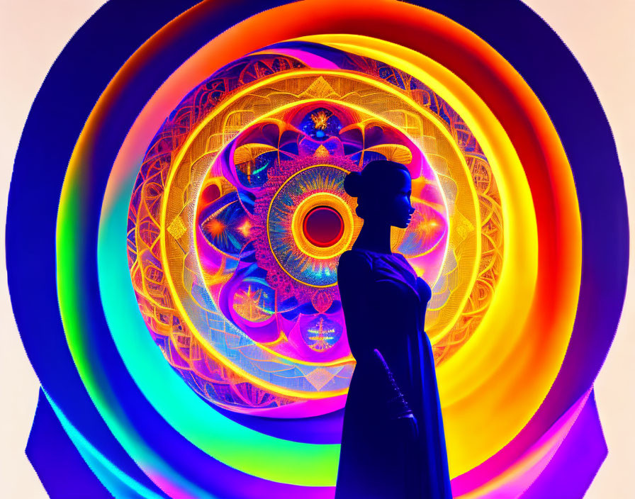 Silhouette of a person against vibrant abstract mandala.