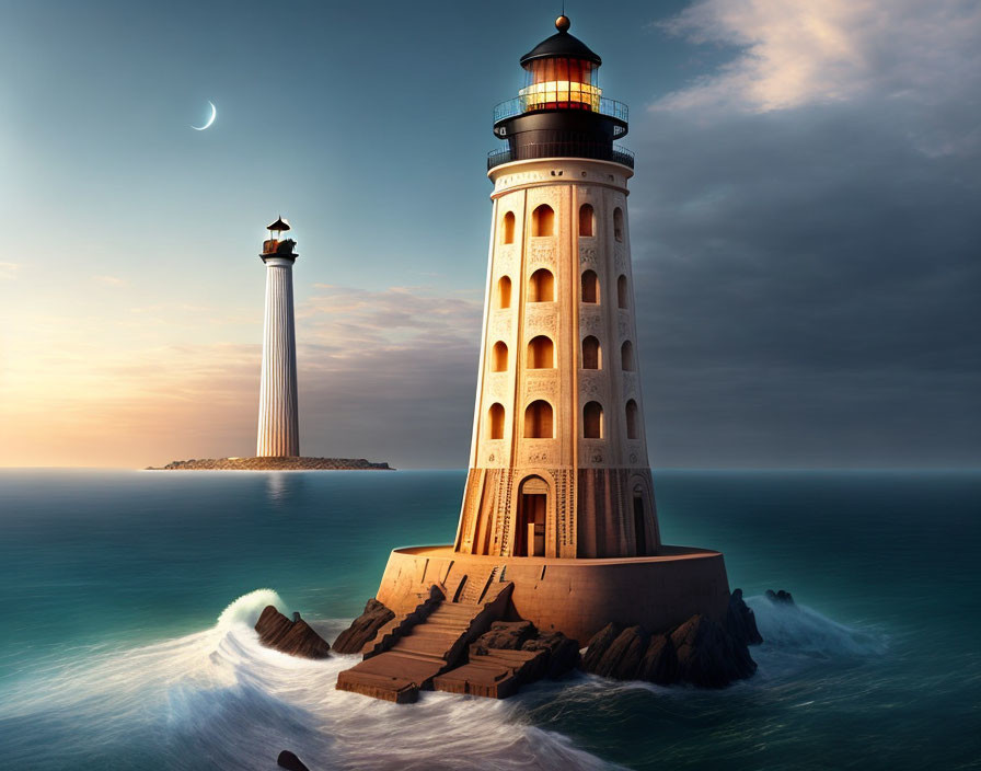 Majestic lighthouse on rocky shore at dusk