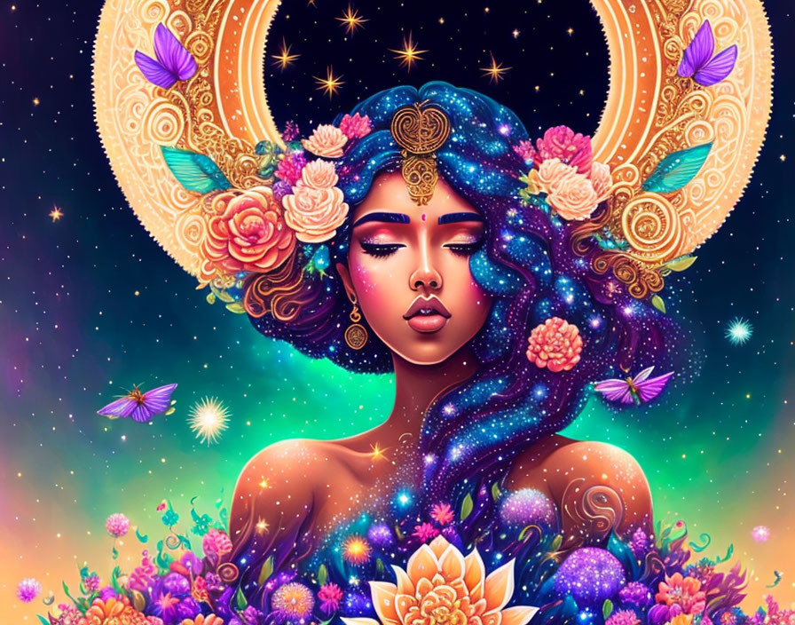 Vibrant mystical woman with cosmic background and crescent moon crown