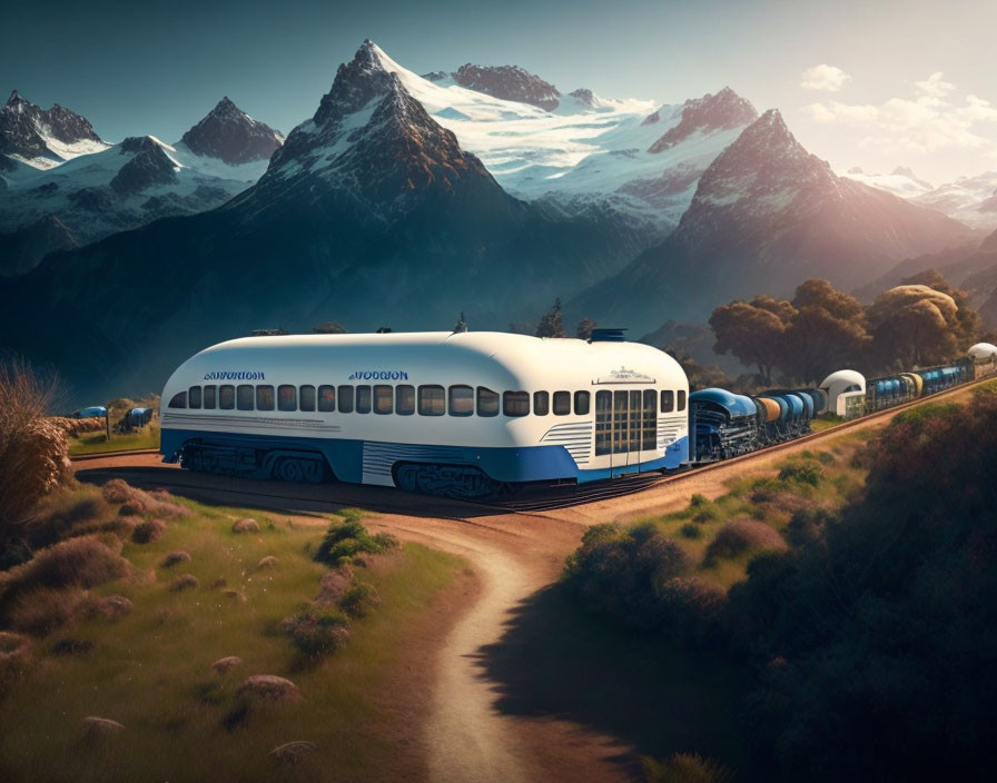 Sleek futuristic train in picturesque mountain landscape