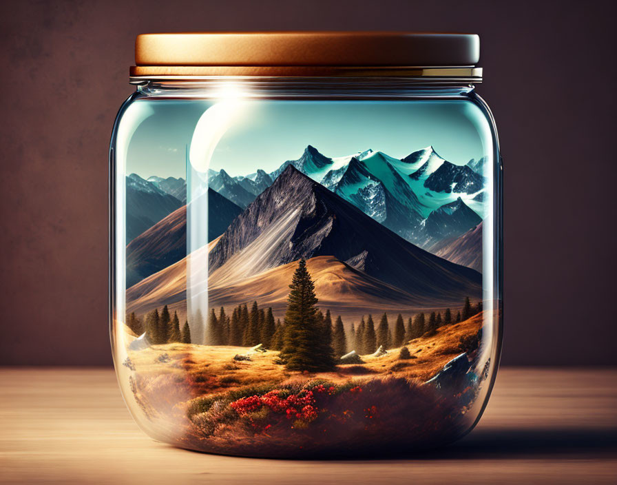 Miniature Mountain Landscape in Glass Jar with Snowy Peaks and Red Flowers