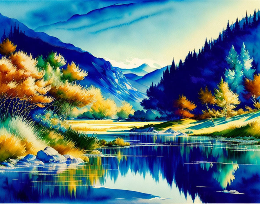 Vibrant painting of serene mountain landscape