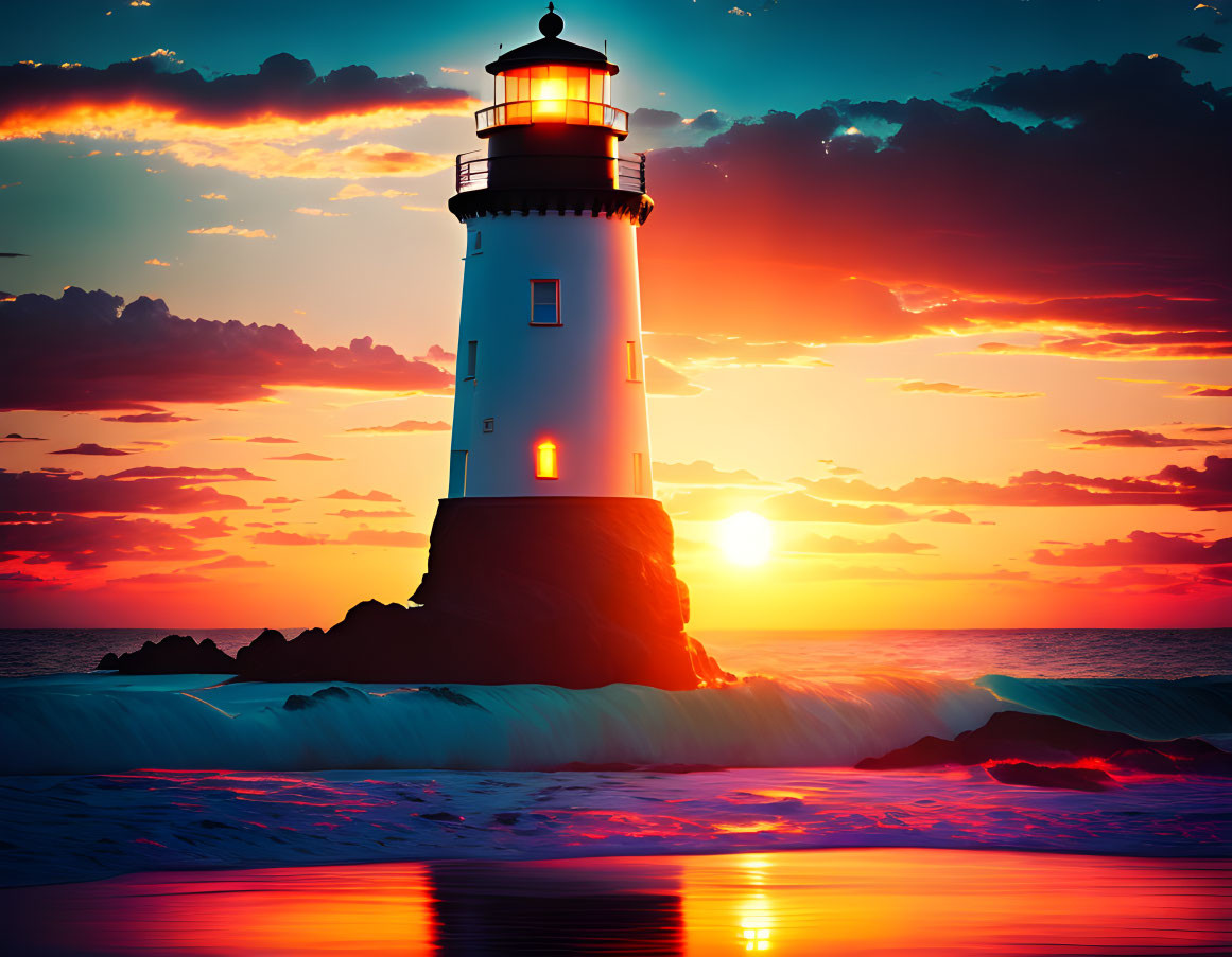 Scenic sunset behind illuminated lighthouse by crashing waves