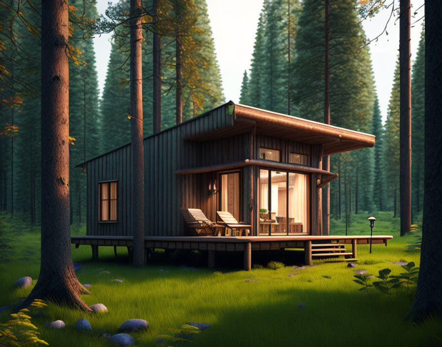 Serene forest cabin with large windows and deck at dusk