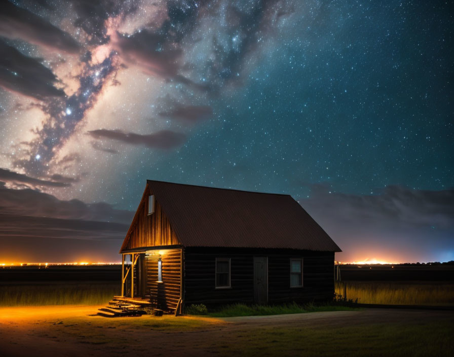 Remote cabin under starry night sky in tranquil field.