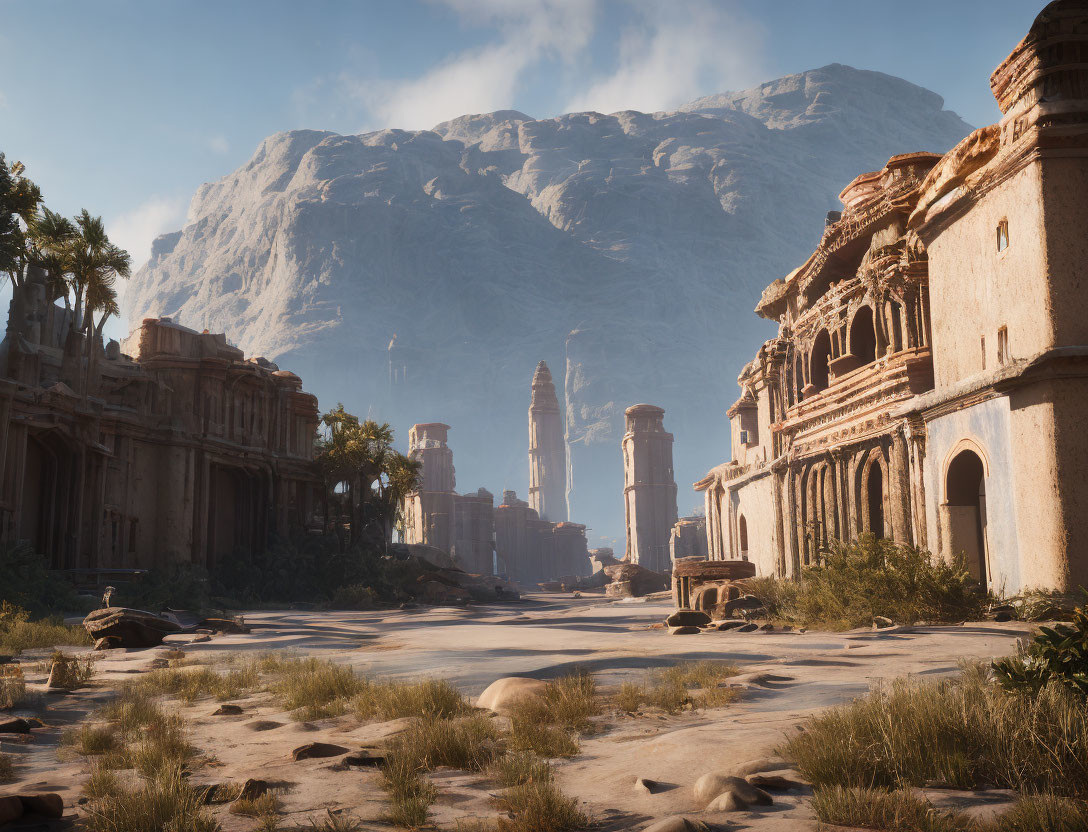 Sunlit ancient ruins in desert landscape with mountains