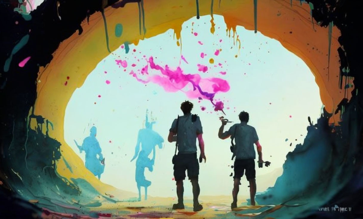 Vibrant pink paint splatter with two figures in cave-like setting